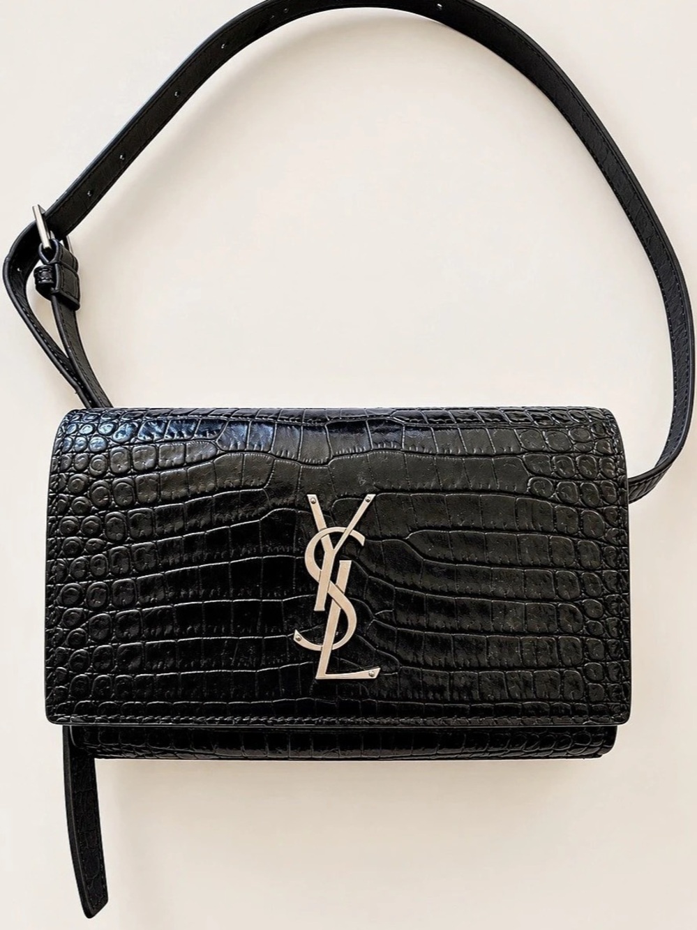 Saint Laurent Kate Crocodile Embossed Leather Belt Bag Black